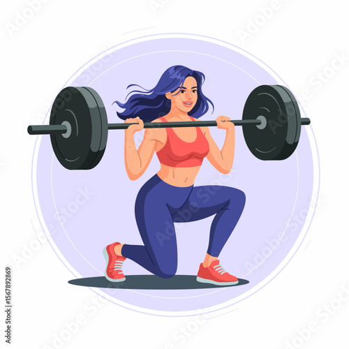 Woman Weightlifting: A strong and determined woman performs a barbell squat, showcasing fitness, strength, and dedication.
