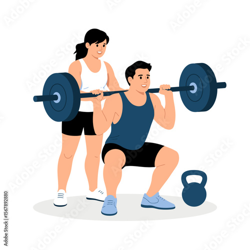Strength and Guidance: A dedicated trainer assists a client during a challenging weightlifting session, emphasizing the importance of form, dedication, and the path to physical excellence.