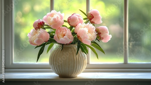 Wallpaper Mural Ceramic vase with soft pink peonies placed on a windowsill, illuminated by gentle sunlight from outside Torontodigital.ca