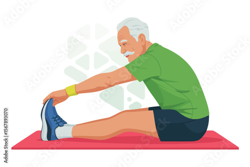 Golden Years Stretch: An older person is engaging in stretching on mat, a picture of healthy senior lifestyle with a determined gaze and focused.