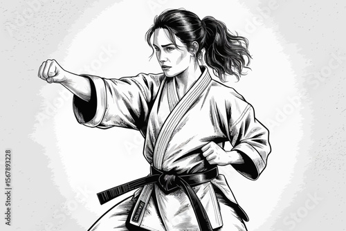 Karate Prowess: A determined female karateka executes a powerful punch, showcasing her martial arts expertise with focused intensity and disciplined technique, set against a clean background.