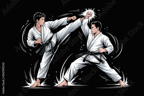 Karate Duel: Dynamic illustration of two karate practitioners locked in an intense martial arts exchange, showcasing a swift kick meeting a precise punch in a striking display of combat.