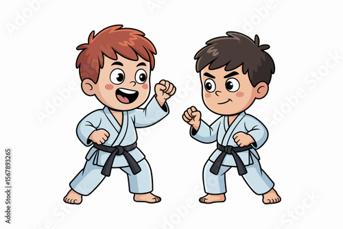 Martial Arts Match: Two cartoon children in white karate uniforms, faces of determination set, prepare for a martial arts match. A snapshot of discipline, skill, and friendly competition