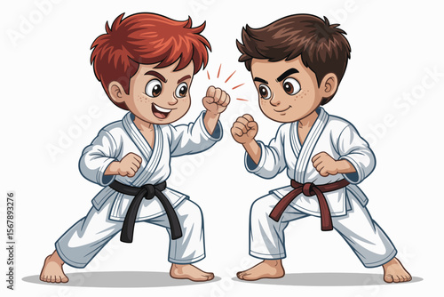 Young Martial Artists' Duel: Two cartoonish young boys, dressed in traditional karate uniforms and belts, engage in a playful sparring match, epitomizing the spirit of discipline, focus.