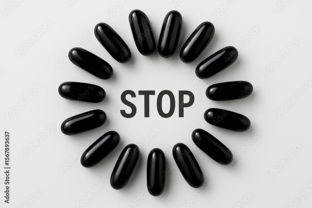 Obraz premium Black medication tablets within a circle labeled 'Stop' to symbolize pain relief. Healthcare concept on a plain white backdrop.