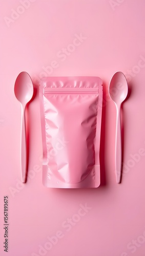 Pink spoon pink pouch pink background pink product pink design pink object pink plastic spoons