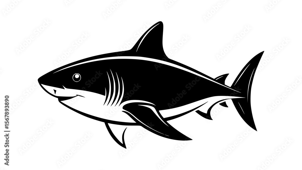 Fototapeta premium Stylized black and white illustration of a powerful shark swimming gracefully in the ocean