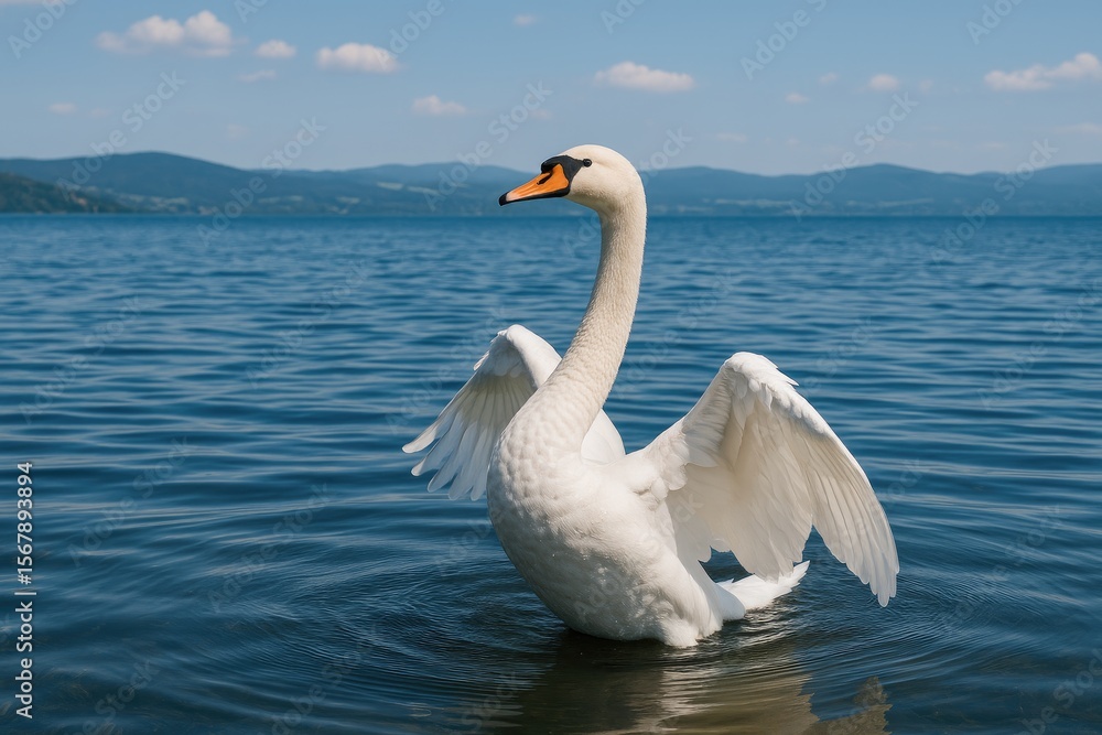 Obraz premium Silvery swan rising from tranquil waters on a serene lake in Europe