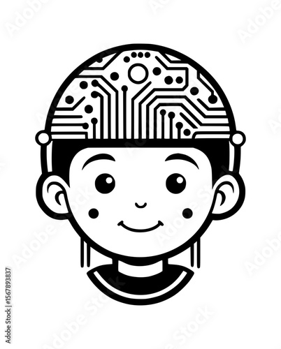 Friendly cartoon boy with a stylized circuit board integrated into his head representing artificial intelligence