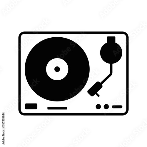 Photos Simple black and white icon of a vintage record player with a vinyl disc and ton
