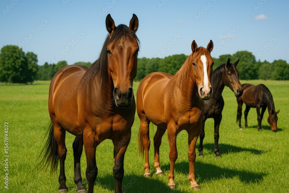 Fototapeta premium Summer scene featuring horses grazing in a paddock