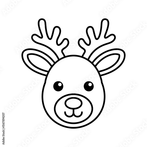 Cute cartoon reindeer face with antlers and big eyes simple outline drawing for winter holidays