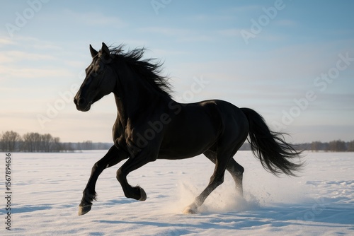 A horse sprints across a snowy meadow during winter