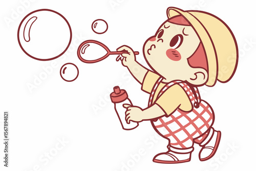 Vector cute Baby Boy cartoon character, with a determined look and puffed cheeks, trying to blow a bubble, wearing a red and white checkered bib, in a focused, charming style, isolated on white backgr