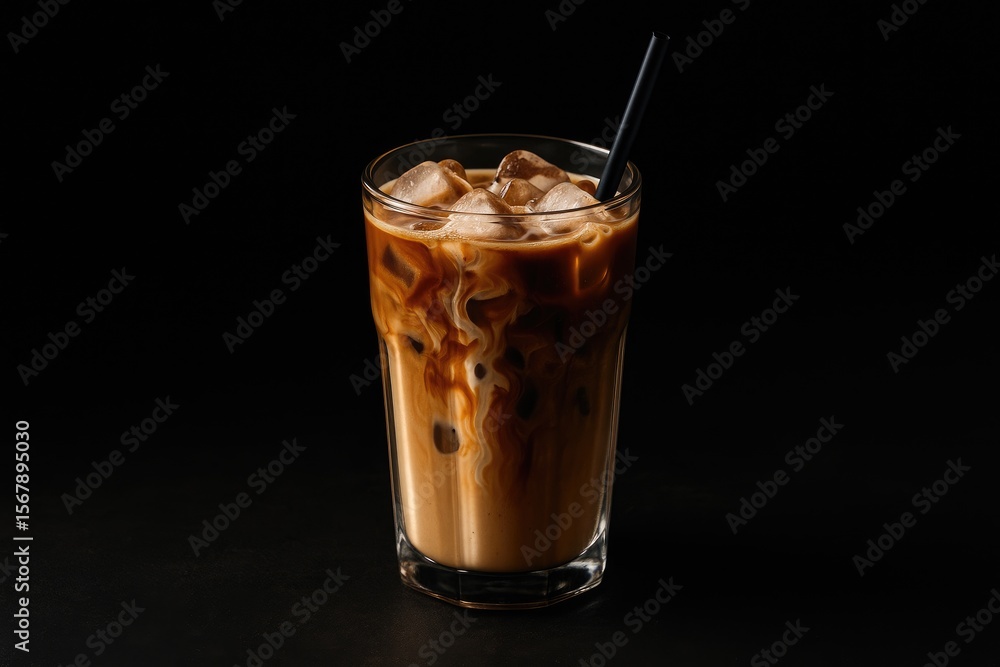 Chilled coffee beverage in a glass with cream on a dark backdrop Chilled coffee beverage in a glass with cream on a dark backdrop