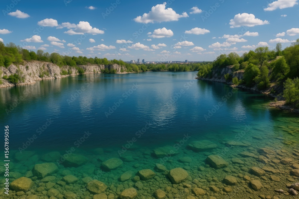 Naklejka premium Artificial water body in an old quarry, used for swimming in a city setting
