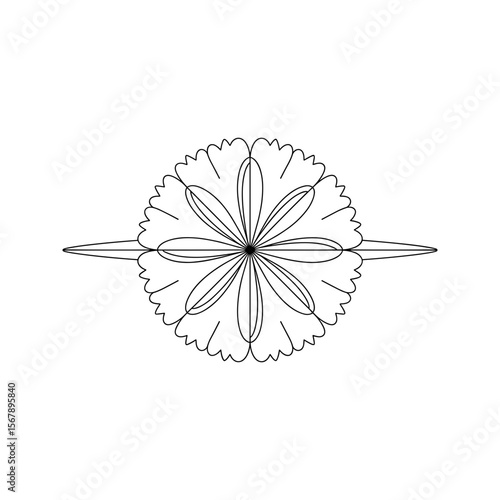 Elegant black and white floral mandala design with symmetrical petal patterns and pointed horizontal extensions
