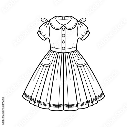 Classic outline of a vintage girl s dress with a peter pan collar and pleated skirt