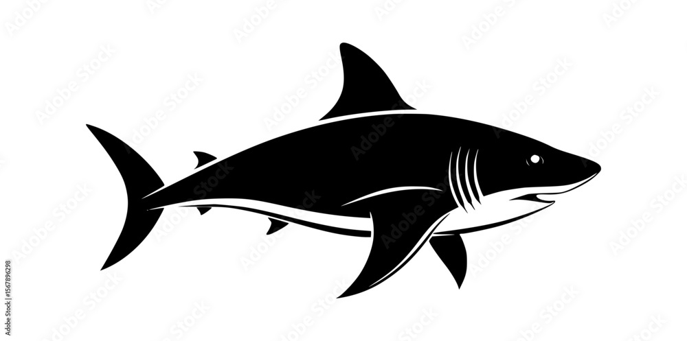 Obraz premium Stylized black silhouette of a great white shark swimming with its mouth open and gills visible