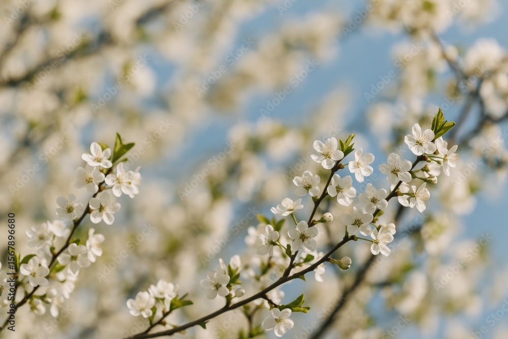Close-up of blooming fruit tree branches with a blurred spring scene Close-up of blooming fruit tree branches with a blurred spring scene