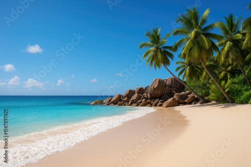 Fototapeta Naklejka Na Ścianę i Meble -  A sunny day at a vast tropical beach featuring white sands, lush palm trees, rugged granite formations, and clear turquoise waters