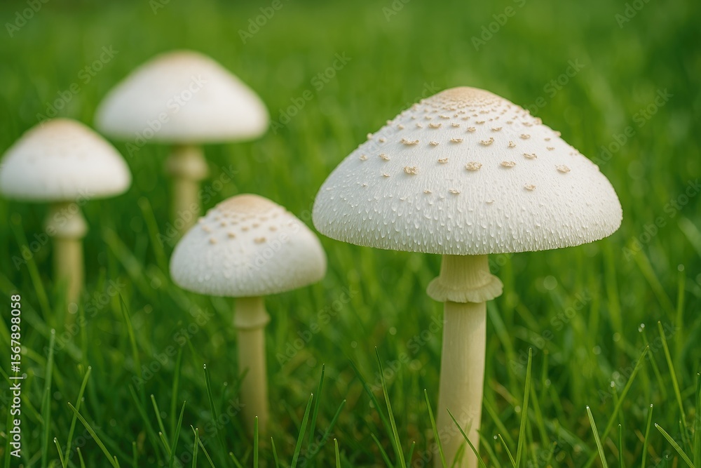 White wild mushrooms flourishing in moist conditions White wild mushrooms flourishing in moist conditions