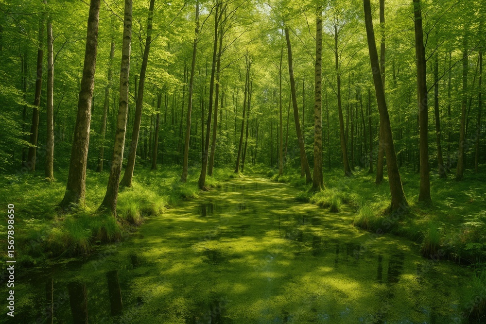 Obraz premium Lush wetland landscape nestled within vibrant green forests, showcasing swamp moss and towering trees in a northern European region.