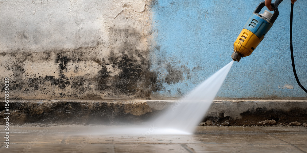 Obraz premium Powerful water sprayer cleans surfaces efficiently in urban setting