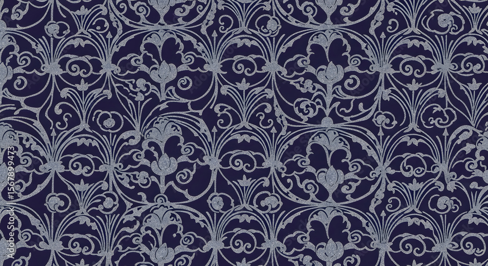 Fototapeta premium Intricate Silver Floral Pattern on Deep Blue Background, Ornate Vintage-Inspired Design with Delicate Flourishes