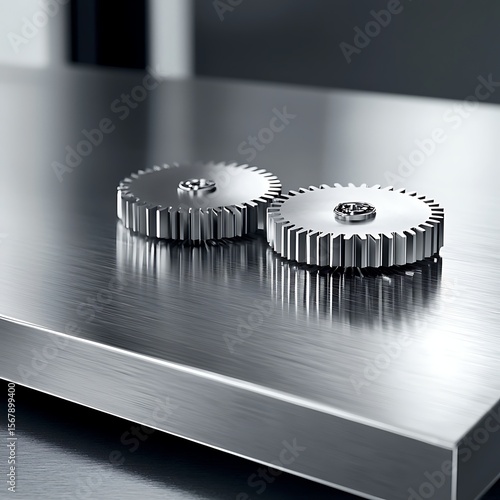 Two metal gears on stainless steel surface