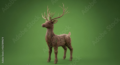 Abstract Wicker Deer Sculpture on Green Background Decoration
