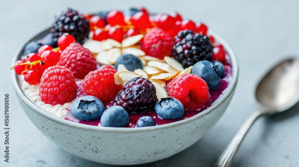 Plant-Based Breakfast Bowl Close-Up concept. Bowl of mixed berries with almonds on a light surface. Plant-Based Breakfast Bowl Close-Up concept. Bowl of mixed berries with almonds on a light surface.