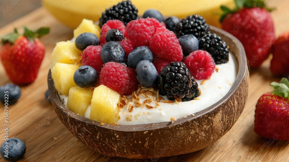 Plant-Based Breakfast Bowl Close-Up concept. Fresh fruit yogurt bowl topped with berries and pineapple in a coconut shell. Plant-Based Breakfast Bowl Close-Up concept. Fresh fruit yogurt bowl topped with berries and pineapple in a coconut shell.