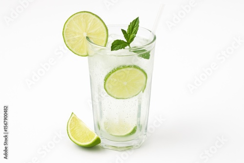 Wallpaper Mural Mix baking soda with lime water in a glass using a straw for a refreshing summer beverage. Cool drink with ice, mint, and citrus on a white backdrop. Concept of relaxation and refreshment. Torontodigital.ca