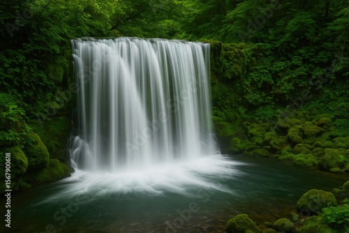 A gentle shutter speed creates a dreamy effect on the waterfall, turning rapid water into a flowing, silky stream that captivates observers.