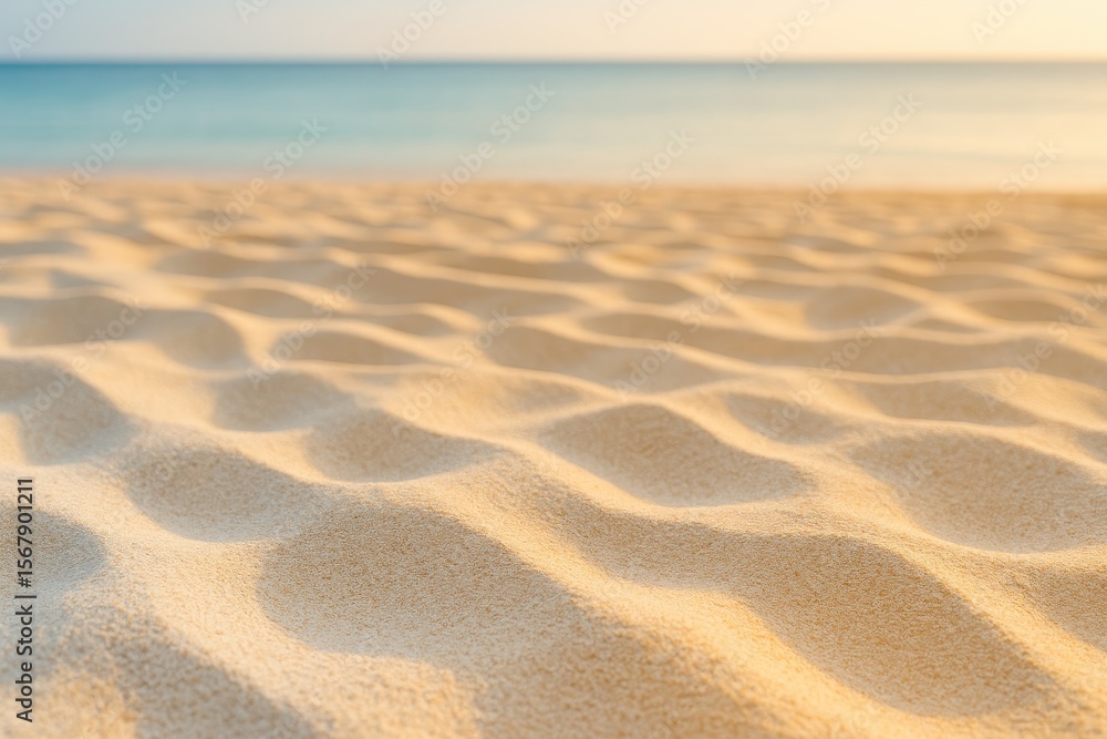Fototapeta premium Close-up of fine sand at a tropical shoreline showing smooth color transitions from white to yellow, highlighting sunlight's warm glow and natural seaside charm