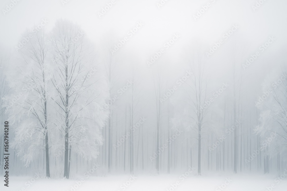 Fototapeta premium Frost-covered trees shrouded in fog during winter