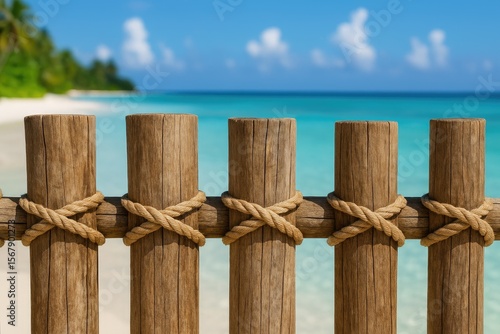 Rope-bound wooden barrier on a lush island paradise