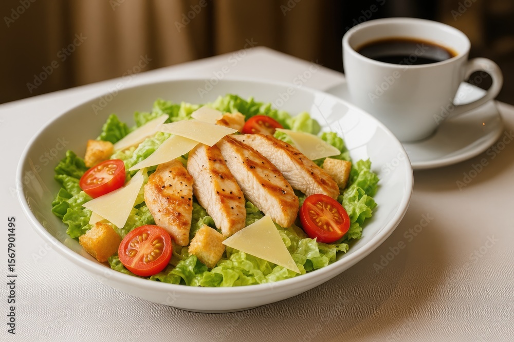 Creamy chicken Caesar salad with fresh tomatoes and melted cheese Creamy chicken Caesar salad with fresh tomatoes and melted cheese