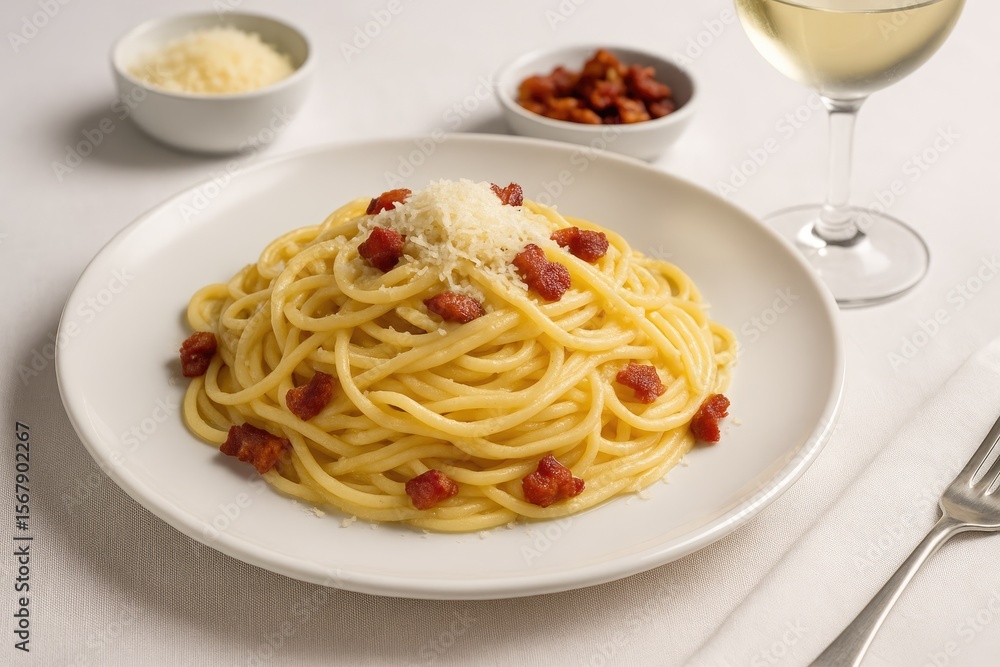 Creamy pasta dish featuring bacon and seasoned cheese Creamy pasta dish featuring bacon and seasoned cheese