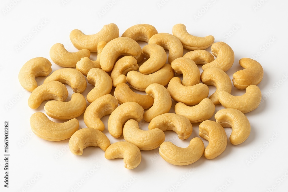 Creamy cashew nuts displayed on a plain white surface Creamy cashew nuts displayed on a plain white surface