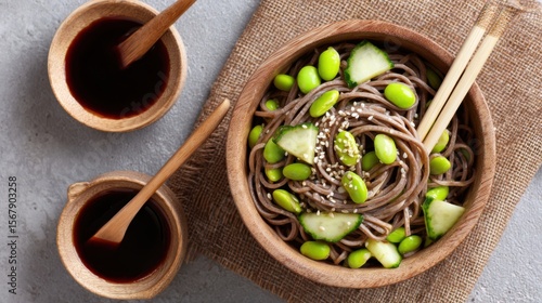 Wallpaper Mural Plant-Based Breakfast Bowl Close-Up concept. Delicious soba noodle bowl with green toppings and dipping sauce. Torontodigital.ca