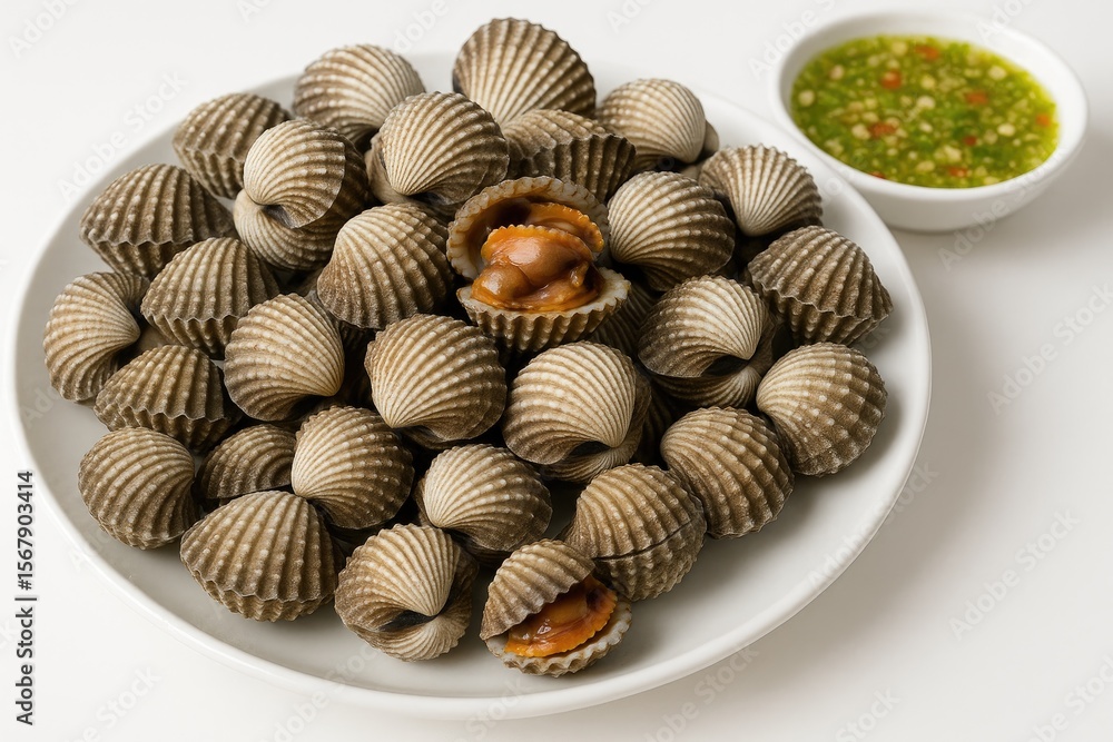 Fototapeta premium Delicious Thai-style seafood dishes featuring grilled cockles with savory sauce