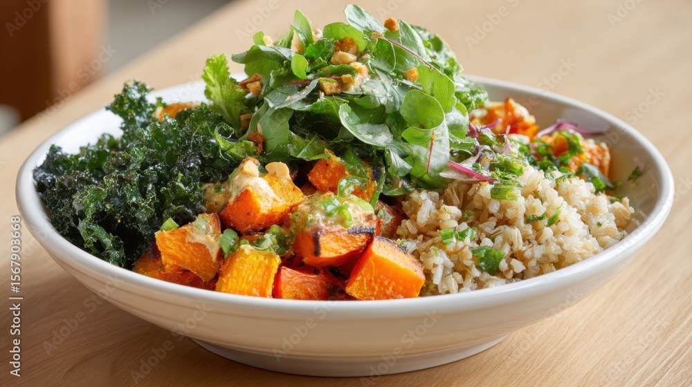 Plant-Based Breakfast Bowl Close-Up concept. Healthy grain bowl with vegetables and greens. Plant-Based Breakfast Bowl Close-Up concept. Healthy grain bowl with vegetables and greens.