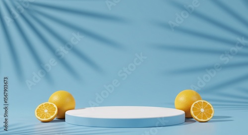 Summer product display with citrus fruit and palm leaf shadow on blue background