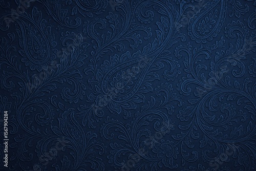 Rich navy and sapphire textured fabric featuring an Asian-inspired paisley design with a soft blush tone background