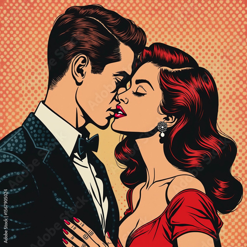 Man and woman are kissing. Couple love illustration in pop art retro comic style.