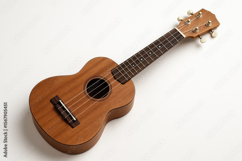 Fototapeta premium A wooden ukulele with a brown finish on a plain white backdrop