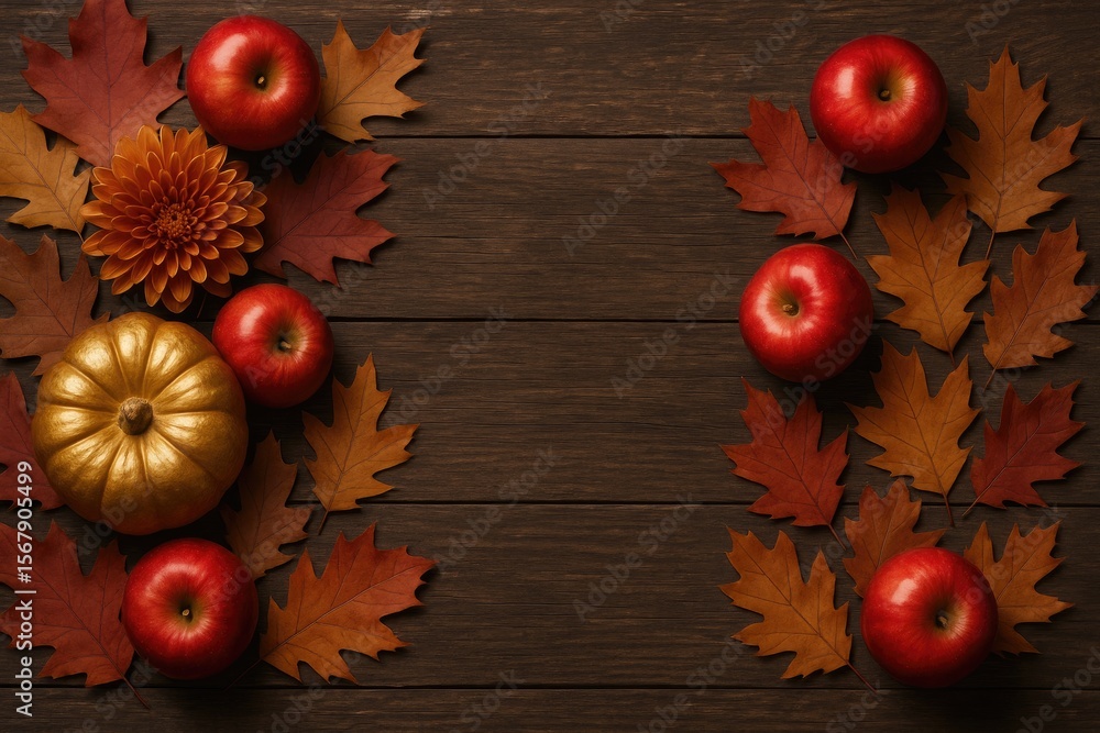Autumn-themed centerpiece featuring apples, a golden pumpkin, and colorful fall leaves on a rustic wooden surface with space for customization Autumn-themed centerpiece featuring apples, a golden pumpkin, and colorful fall leaves on a rustic wooden surface with space for customization