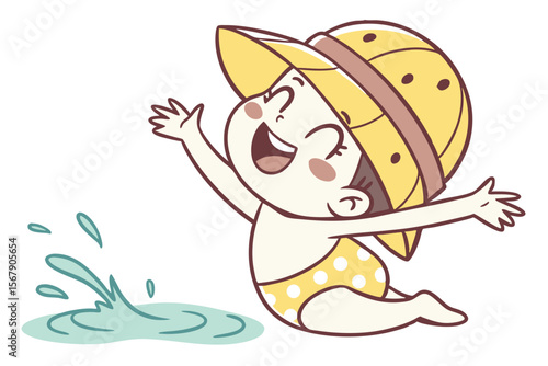Vector cute Baby Boy cartoon character, with a happy giggle and arms reaching out, wearing a yellow sun hat and splashing in a tiny pool, in a cheerful, summery style, isolated on white background